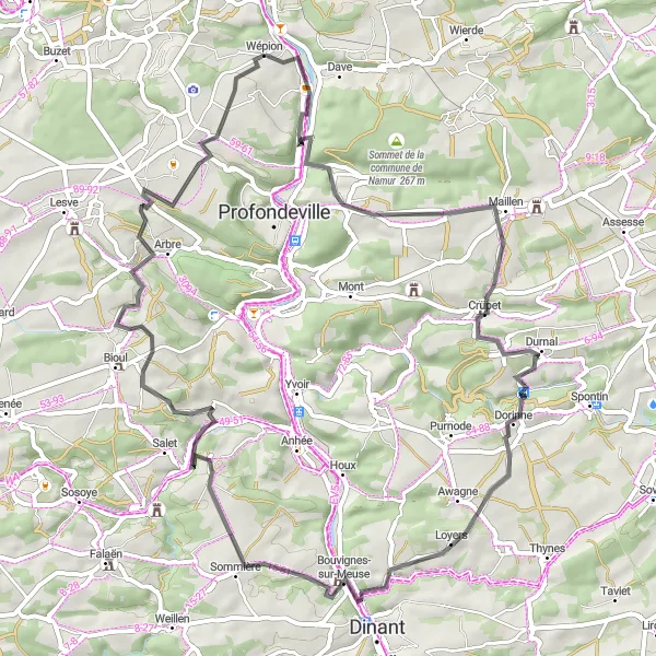 Miniatuurkaart van de fietsinspiratie "Schilderachtige rit langs de Maas" in Prov. Namur, Belgium. Gemaakt door de Tarmacs.app fietsrouteplanner