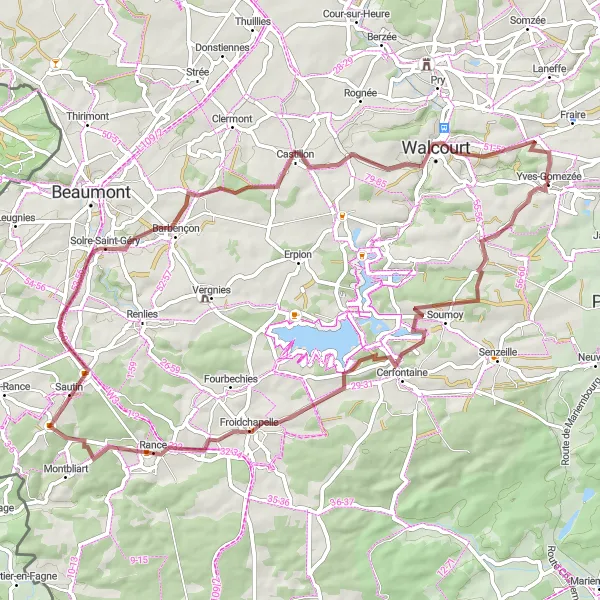 Miniatuurkaart van de fietsinspiratie "Avontuurlijke gravelrit door landelijke dorpjes" in Prov. Namur, Belgium. Gemaakt door de Tarmacs.app fietsrouteplanner