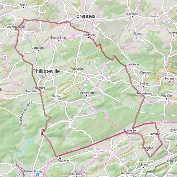 Miniature de la carte de l'inspiration cycliste "Les Collines de l'Entre-Sambre-et-Meuse" dans la Prov. Namur, Belgium. Générée par le planificateur d'itinéraire cycliste Tarmacs.app