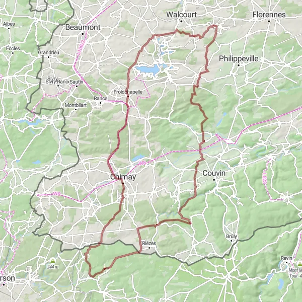 Map miniature of "Challenging Gravel Adventure" cycling inspiration in Prov. Namur, Belgium. Generated by Tarmacs.app cycling route planner