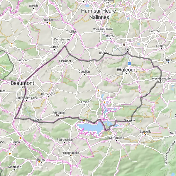 Miniatuurkaart van de fietsinspiratie "Wegroute langs Daussois en Beaumont" in Prov. Namur, Belgium. Gemaakt door de Tarmacs.app fietsrouteplanner