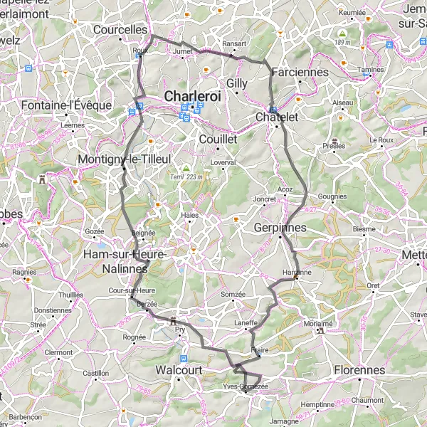 Map miniature of "Yves-Gomezée and Surrounding Castles" cycling inspiration in Prov. Namur, Belgium. Generated by Tarmacs.app cycling route planner