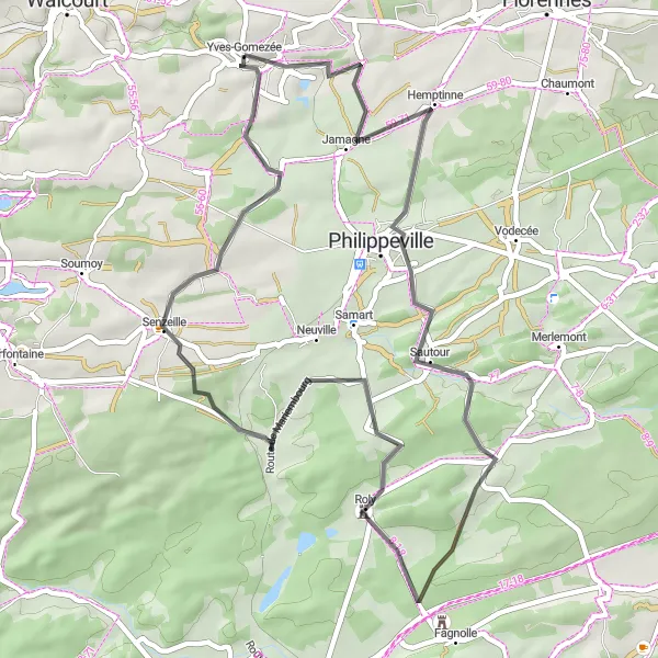 Miniatuurkaart van de fietsinspiratie "Wegroute door Hemptinne en Roly" in Prov. Namur, Belgium. Gemaakt door de Tarmacs.app fietsrouteplanner