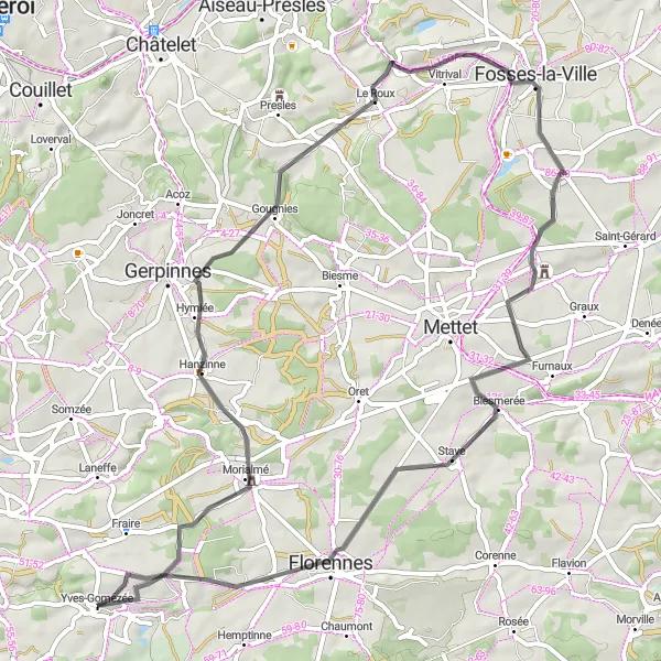 Karten-Miniaturansicht der Radinspiration "Straßenroute von Yves-Gomezée" in Prov. Namur, Belgium. Erstellt vom Tarmacs.app-Routenplaner für Radtouren