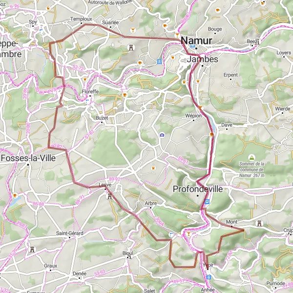 Miniature de la carte de l'inspiration cycliste "Boucle gravel entre Namur et Yvoir" dans la Prov. Namur, Belgium. Générée par le planificateur d'itinéraire cycliste Tarmacs.app