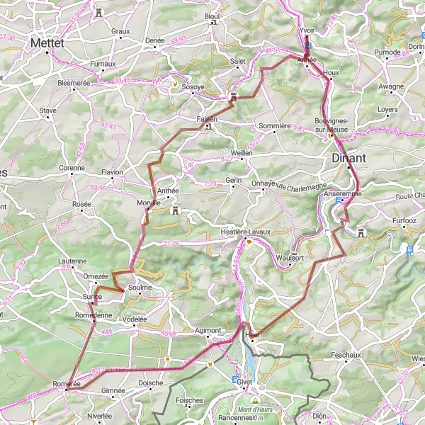 Miniature de la carte de l'inspiration cycliste "Le Tour des Vallées Mosanes" dans la Prov. Namur, Belgium. Générée par le planificateur d'itinéraire cycliste Tarmacs.app