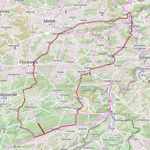 Map miniature of "The Gravel Challenge" cycling inspiration in Prov. Namur, Belgium. Generated by Tarmacs.app cycling route planner