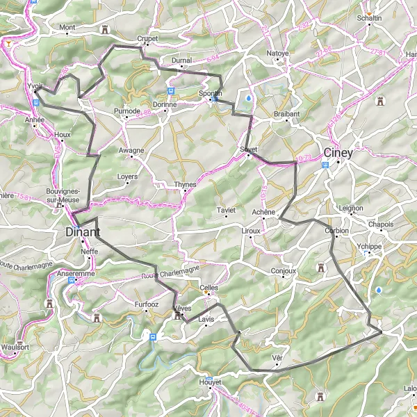 Miniature de la carte de l'inspiration cycliste "Le Circuit des Châteaux de la Meuse" dans la Prov. Namur, Belgium. Générée par le planificateur d'itinéraire cycliste Tarmacs.app