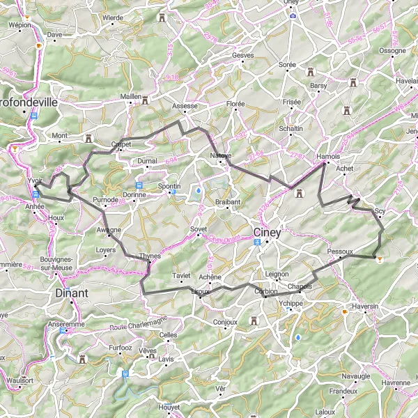 Map miniature of "The Assesse Loop" cycling inspiration in Prov. Namur, Belgium. Generated by Tarmacs.app cycling route planner