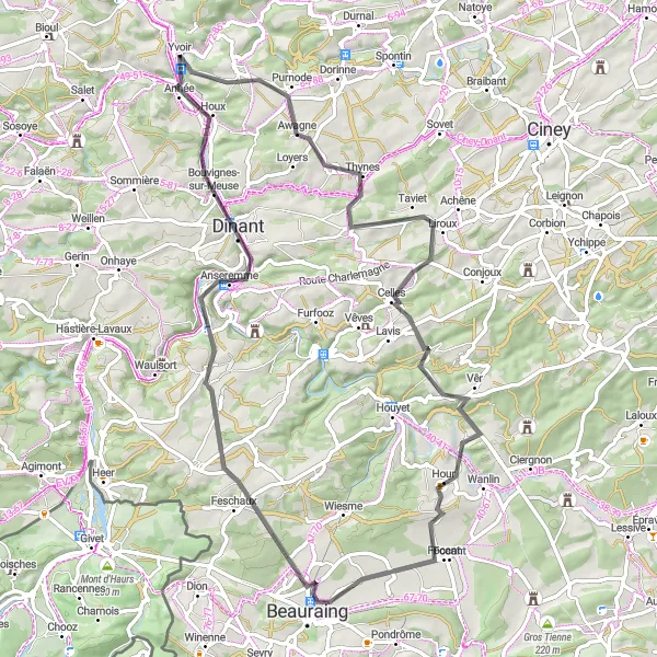 Miniature de la carte de l'inspiration cycliste "La Route des Castels et Points de Vue" dans la Prov. Namur, Belgium. Générée par le planificateur d'itinéraire cycliste Tarmacs.app