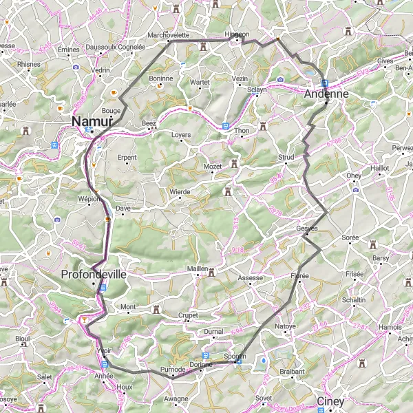 Map miniature of "The Road Adventure" cycling inspiration in Prov. Namur, Belgium. Generated by Tarmacs.app cycling route planner