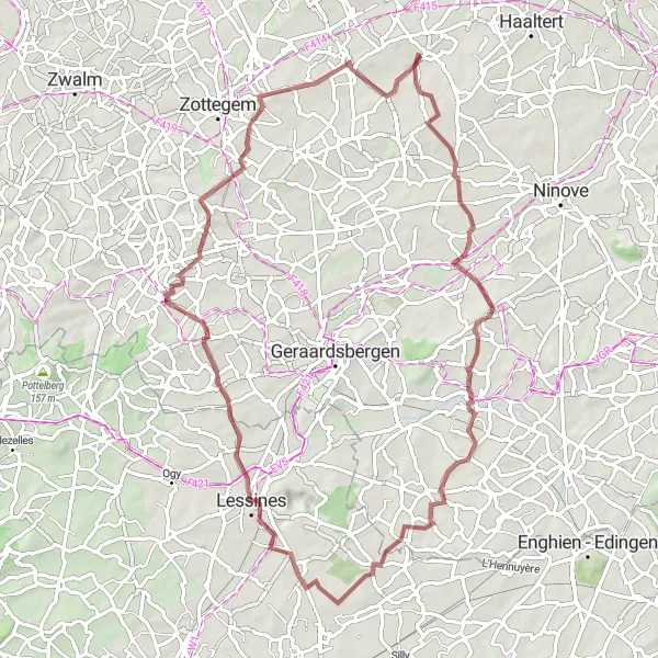 Map miniature of "Gravel Route in Aaigem" cycling inspiration in Prov. Oost-Vlaanderen, Belgium. Generated by Tarmacs.app cycling route planner