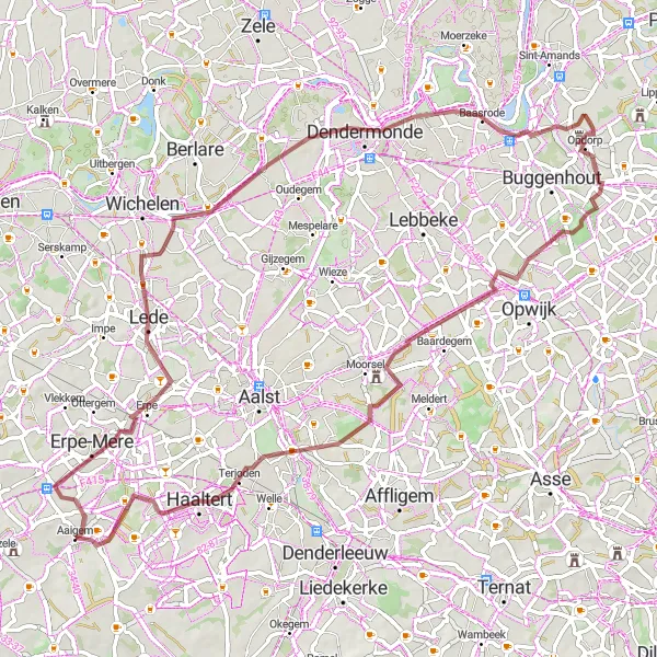 Map miniature of "Scenic Gravel Tour near Aaigem" cycling inspiration in Prov. Oost-Vlaanderen, Belgium. Generated by Tarmacs.app cycling route planner