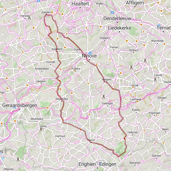 Miniatuurkaart van de fietsinspiratie "Gravelroute van Aaigem naar Aspelare" in Prov. Oost-Vlaanderen, Belgium. Gemaakt door de Tarmacs.app fietsrouteplanner