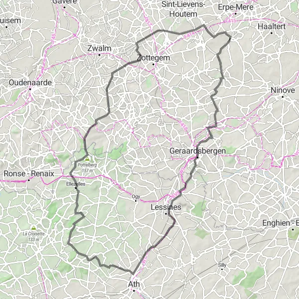 Map miniature of "Challenging Road Cycling in Aaigem" cycling inspiration in Prov. Oost-Vlaanderen, Belgium. Generated by Tarmacs.app cycling route planner