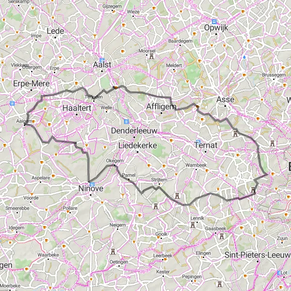 Map miniature of "Scenic Road Ride to Pamel" cycling inspiration in Prov. Oost-Vlaanderen, Belgium. Generated by Tarmacs.app cycling route planner