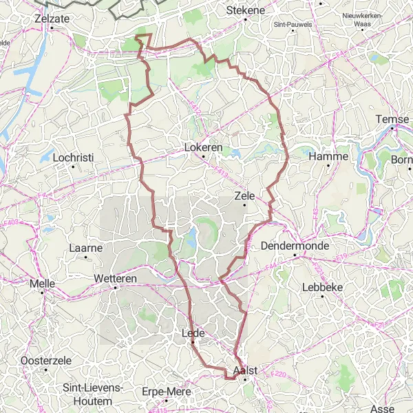 Miniatuurkaart van de fietsinspiratie "Rustige graveltocht langs Lede en Klein-Sinaai" in Prov. Oost-Vlaanderen, Belgium. Gemaakt door de Tarmacs.app fietsrouteplanner