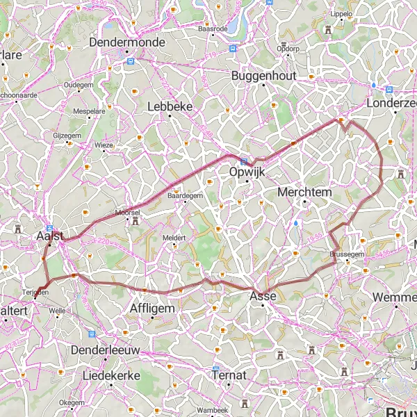 Miniatuurkaart van de fietsinspiratie "Gravelroute door Aalst en omgeving" in Prov. Oost-Vlaanderen, Belgium. Gemaakt door de Tarmacs.app fietsrouteplanner