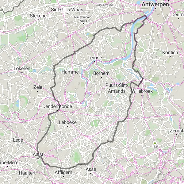 Map miniature of "Riverside Adventure" cycling inspiration in Prov. Oost-Vlaanderen, Belgium. Generated by Tarmacs.app cycling route planner