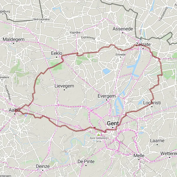 Map miniature of "Oostwinkel to Landegem Gravel Ride" cycling inspiration in Prov. Oost-Vlaanderen, Belgium. Generated by Tarmacs.app cycling route planner