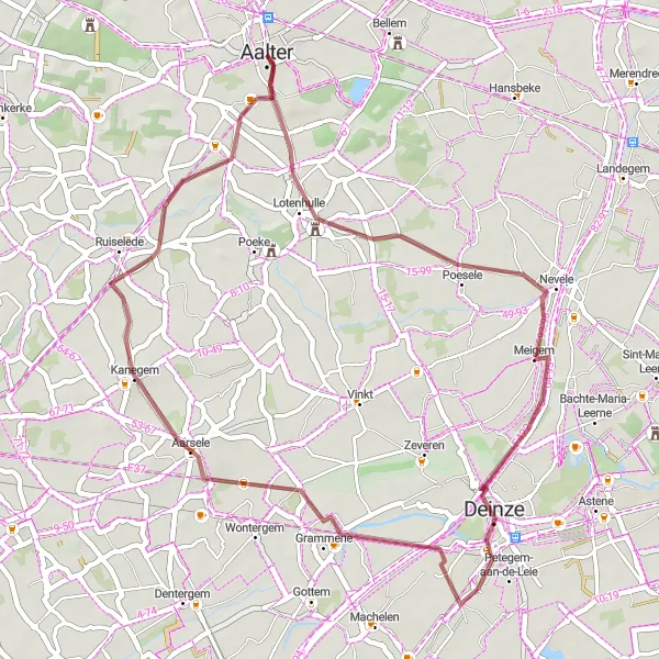 Map miniature of "Meigem to Ruiselede Gravel Loop" cycling inspiration in Prov. Oost-Vlaanderen, Belgium. Generated by Tarmacs.app cycling route planner