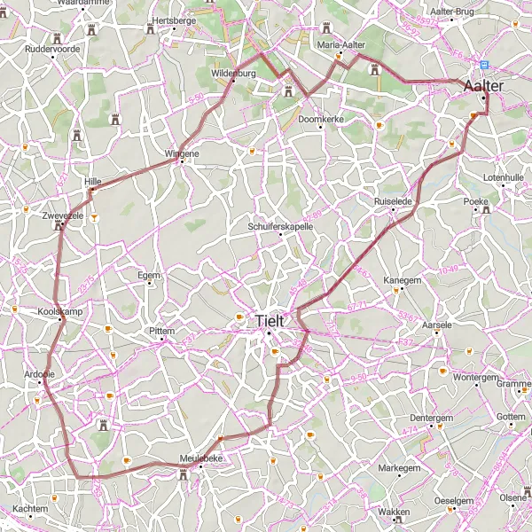 Map miniature of "Exploring Aalter's Gravel Paths" cycling inspiration in Prov. Oost-Vlaanderen, Belgium. Generated by Tarmacs.app cycling route planner