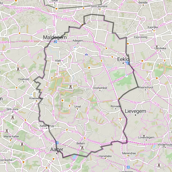 Map miniature of "Cycling Through History" cycling inspiration in Prov. Oost-Vlaanderen, Belgium. Generated by Tarmacs.app cycling route planner