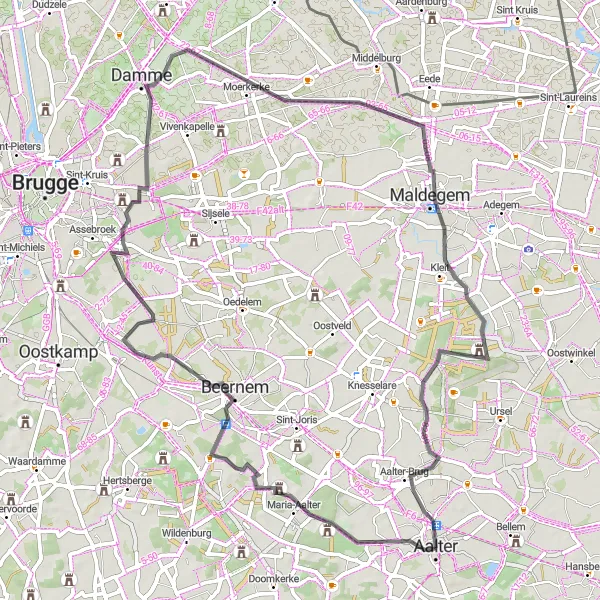 Karten-Miniaturansicht der Radinspiration "Schöne Straßenroute durch Maldegem und Aalter-Brug" in Prov. Oost-Vlaanderen, Belgium. Erstellt vom Tarmacs.app-Routenplaner für Radtouren