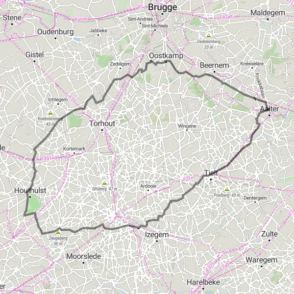 Miniature de la carte de l'inspiration cycliste "Circuit Tielt - Kachtem - Zeugeberg - Zarren - Ruidenberg - De Leeuw / Zuidwege / Sint-Elooi - Kasteel Drie Koningen - Aalter" dans la Prov. Oost-Vlaanderen, Belgium. Générée par le planificateur d'itinéraire cycliste Tarmacs.app