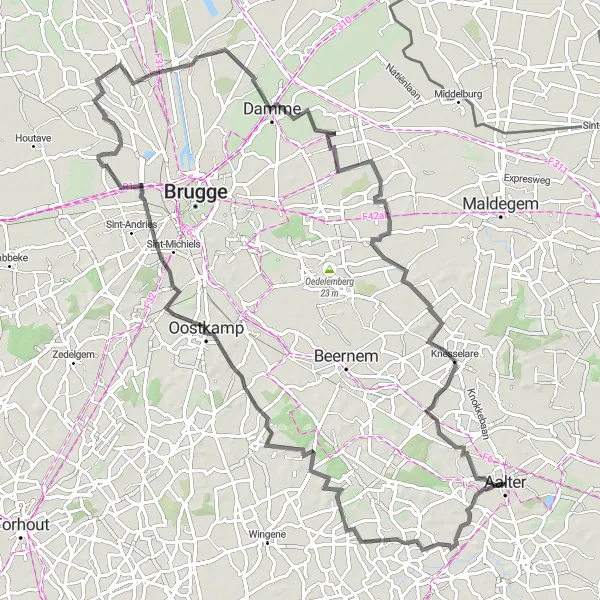 Miniatuurkaart van de fietsinspiratie "Wegroute vanuit Aalter via Kasteel Macieberg en Knesselare" in Prov. Oost-Vlaanderen, Belgium. Gemaakt door de Tarmacs.app fietsrouteplanner