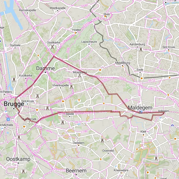 Map miniature of "The Gravel Delight" cycling inspiration in Prov. Oost-Vlaanderen, Belgium. Generated by Tarmacs.app cycling route planner