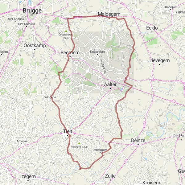 Miniatuurkaart van de fietsinspiratie "Gravelavontuur in West-Vlaanderen" in Prov. Oost-Vlaanderen, Belgium. Gemaakt door de Tarmacs.app fietsrouteplanner