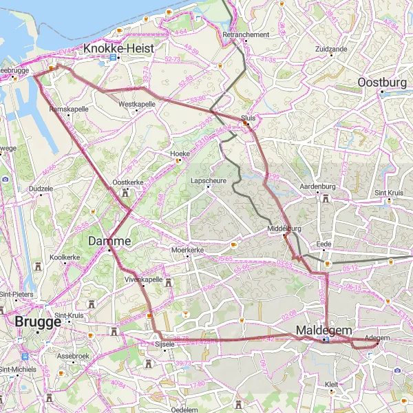 Miniatuurkaart van de fietsinspiratie "Gravelroute van Adegem naar Sint-Annakasteel" in Prov. Oost-Vlaanderen, Belgium. Gemaakt door de Tarmacs.app fietsrouteplanner