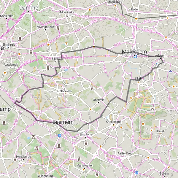 Map miniature of "Scenic Road Tour from Adegem to Oedelemberg" cycling inspiration in Prov. Oost-Vlaanderen, Belgium. Generated by Tarmacs.app cycling route planner