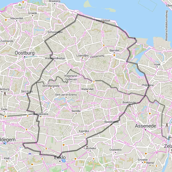 Map miniature of "The Adegem Road Adventure" cycling inspiration in Prov. Oost-Vlaanderen, Belgium. Generated by Tarmacs.app cycling route planner