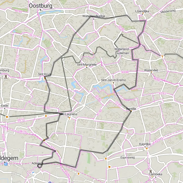 Map miniature of "Charming Road Loop from Adegem" cycling inspiration in Prov. Oost-Vlaanderen, Belgium. Generated by Tarmacs.app cycling route planner