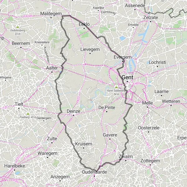 Miniatuurkaart van de fietsinspiratie "Wegroute door Oost-Vlaanderen" in Prov. Oost-Vlaanderen, Belgium. Gemaakt door de Tarmacs.app fietsrouteplanner
