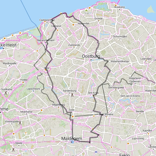 Map miniature of "Cadzand, Scherpbier, and Moershoofde Road Tour" cycling inspiration in Prov. Oost-Vlaanderen, Belgium. Generated by Tarmacs.app cycling route planner