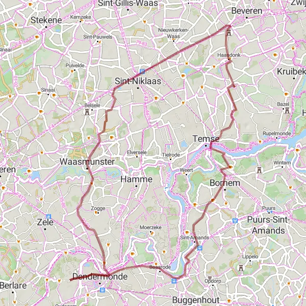 Miniature de la carte de l'inspiration cycliste "Aventure Gravel à travers les Paysages Flamands" dans la Prov. Oost-Vlaanderen, Belgium. Générée par le planificateur d'itinéraire cycliste Tarmacs.app