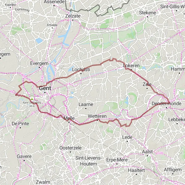 Miniatuurkaart van de fietsinspiratie "Graveltocht rond Appels en omgeving" in Prov. Oost-Vlaanderen, Belgium. Gemaakt door de Tarmacs.app fietsrouteplanner