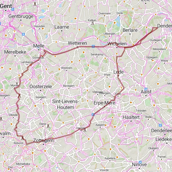 Miniatuurkaart van de fietsinspiratie "Gravel route door Oost-Vlaanderen" in Prov. Oost-Vlaanderen, Belgium. Gemaakt door de Tarmacs.app fietsrouteplanner