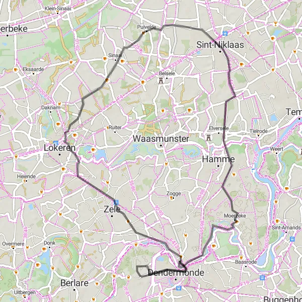 Map miniature of "Appels and Moerzeke Loop" cycling inspiration in Prov. Oost-Vlaanderen, Belgium. Generated by Tarmacs.app cycling route planner