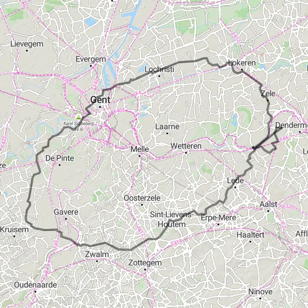 Map miniature of "Roads of Oost-Vlaanderen" cycling inspiration in Prov. Oost-Vlaanderen, Belgium. Generated by Tarmacs.app cycling route planner