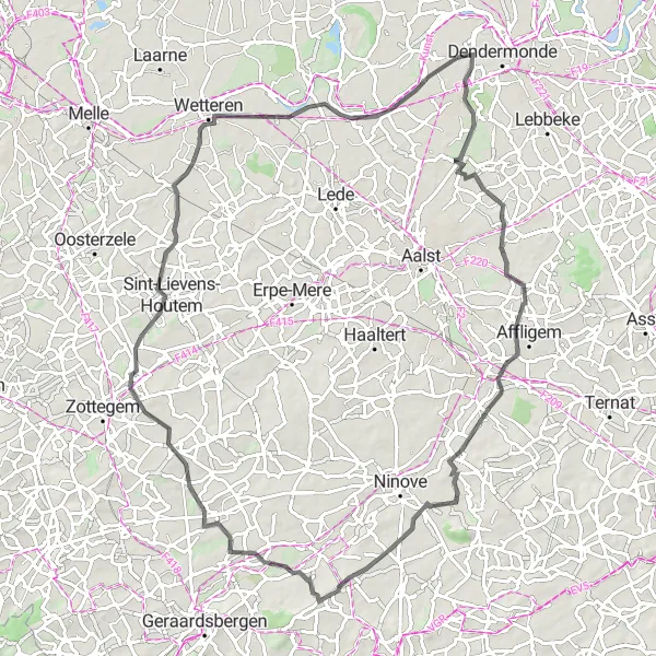 Miniatuurkaart van de fietsinspiratie "Heuvels en uitzichten rondom Appels" in Prov. Oost-Vlaanderen, Belgium. Gemaakt door de Tarmacs.app fietsrouteplanner