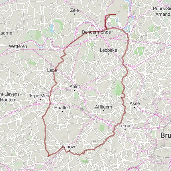 Karten-Miniaturansicht der Radinspiration "Gravel-Tour Mere - Appels - Opstal - Putberg - Strijtem - Ninove" in Prov. Oost-Vlaanderen, Belgium. Erstellt vom Tarmacs.app-Routenplaner für Radtouren