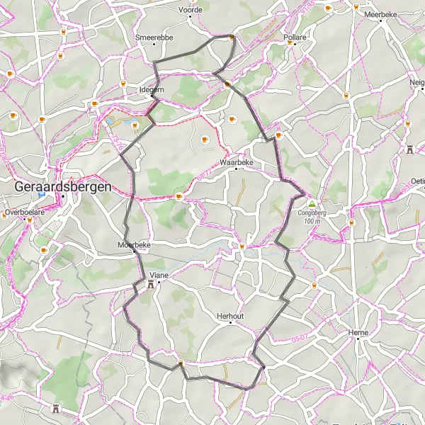 Karten-Miniaturansicht der Radinspiration "Rundtour Zandbergen - Congoberg - Bever - Biévène - Idegem" in Prov. Oost-Vlaanderen, Belgium. Erstellt vom Tarmacs.app-Routenplaner für Radtouren