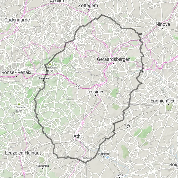 Map miniature of "The Hills of Waarbeke" cycling inspiration in Prov. Oost-Vlaanderen, Belgium. Generated by Tarmacs.app cycling route planner