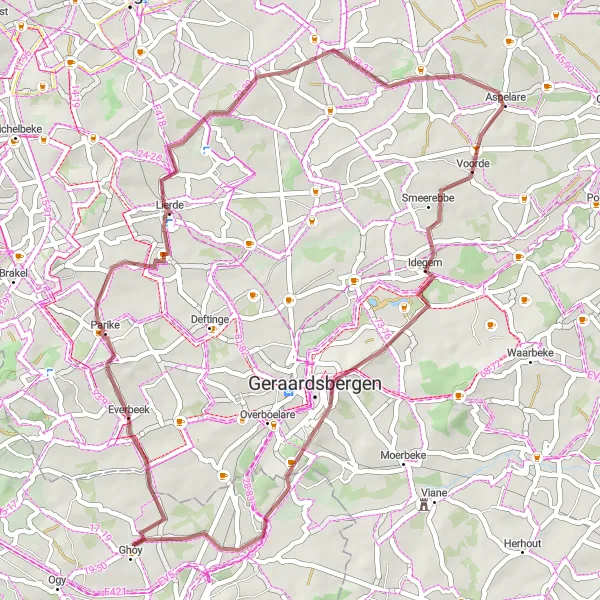 Miniatuurkaart van de fietsinspiratie "Gravelavontuur door de groene heuvels van Oost-Vlaanderen" in Prov. Oost-Vlaanderen, Belgium. Gemaakt door de Tarmacs.app fietsrouteplanner