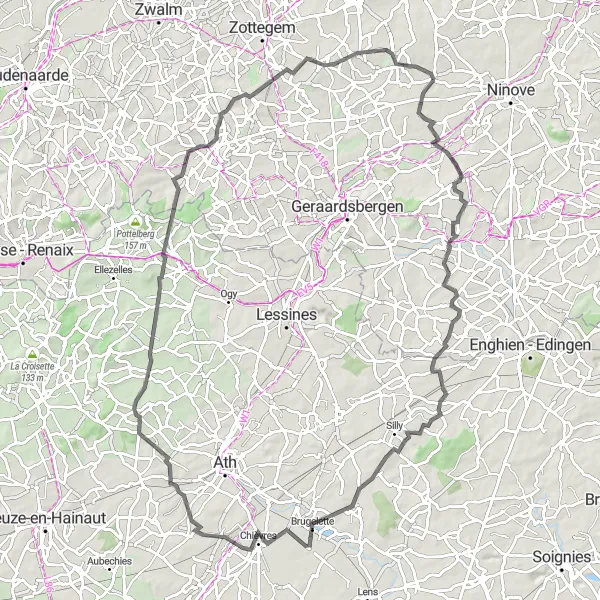 Map miniature of "Aspelare-Leeuw van Waterloo" cycling inspiration in Prov. Oost-Vlaanderen, Belgium. Generated by Tarmacs.app cycling route planner