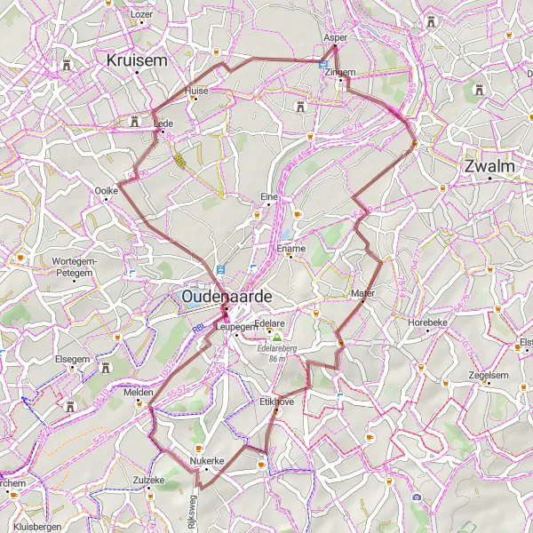 Miniature de la carte de l'inspiration cycliste "Gravel adventure: Mater - Huise" dans la Prov. Oost-Vlaanderen, Belgium. Générée par le planificateur d'itinéraire cycliste Tarmacs.app